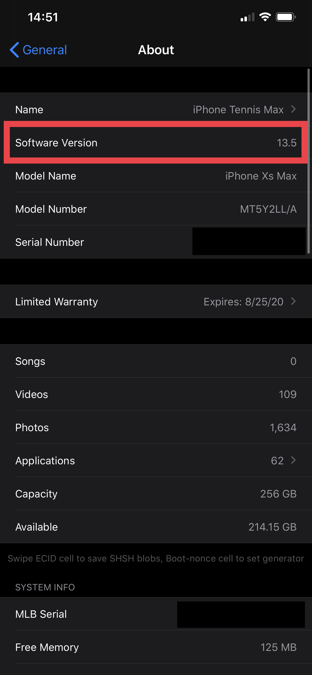 iPhone XS Max About menu